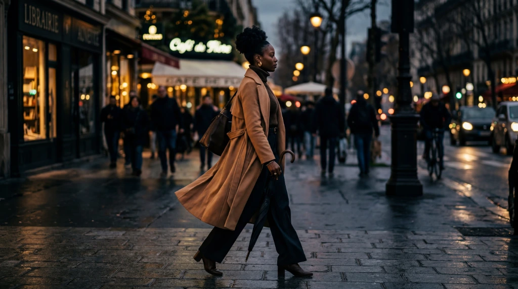 Stylish woman in camel trench coat walking through a Parisian street at dusk — Simply Rooted Radiance