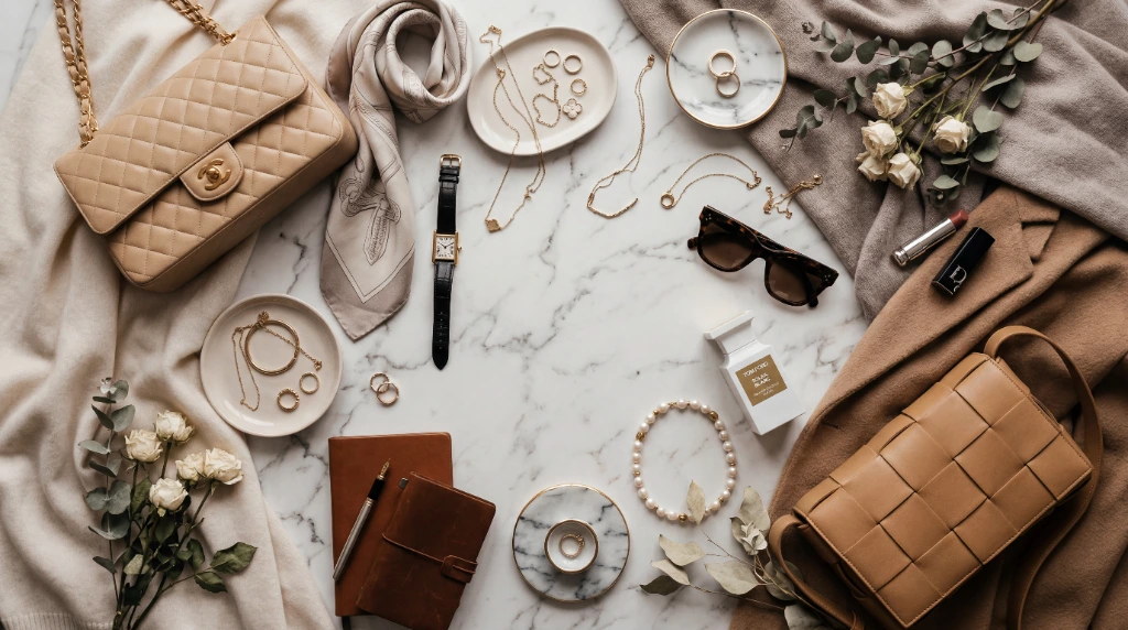 Luxury accessories flat lay with gold jewelry, leather bags, and styling essentials — Simply Rooted Radiance Services