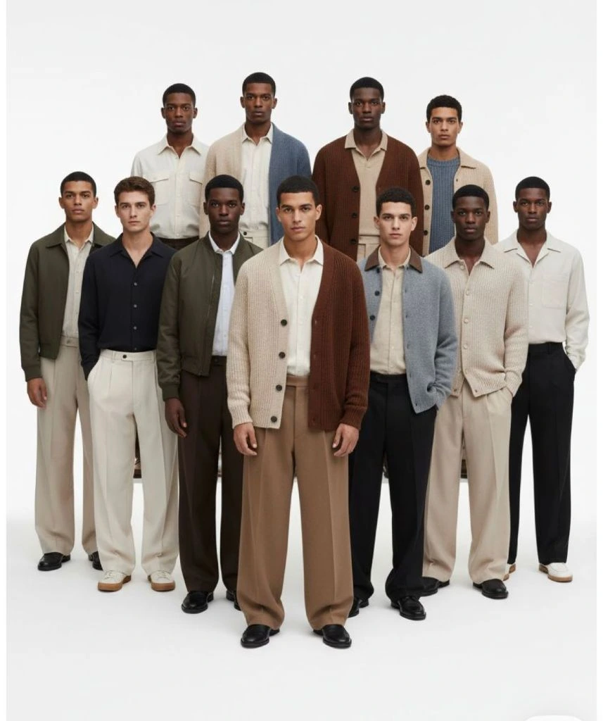 Men in neutral minimalist coordinated menswear